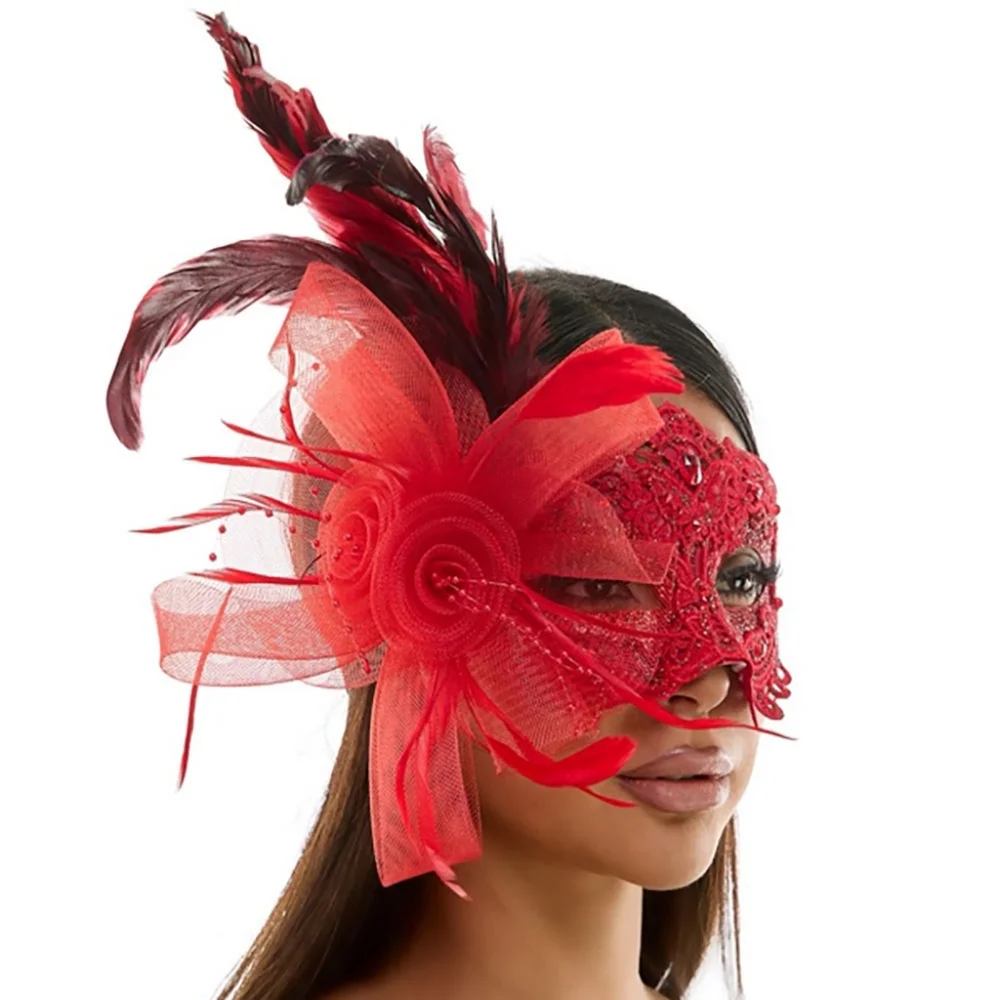 Red Elegant Flower Feather Lace Half Face Mask Masquerade Headpiece EyeMask